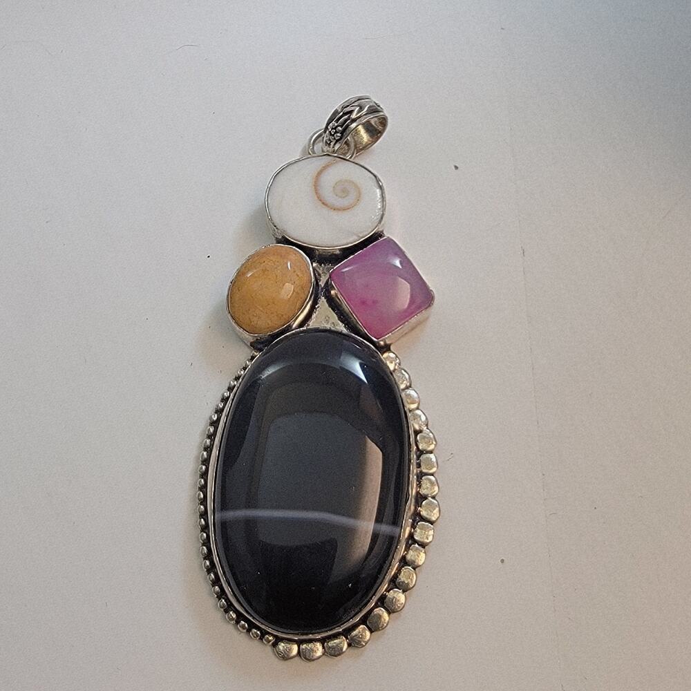 Necklace Pendants Multi Gemstone Handmade Jewelry with Onyx Shell Jasper Ruby